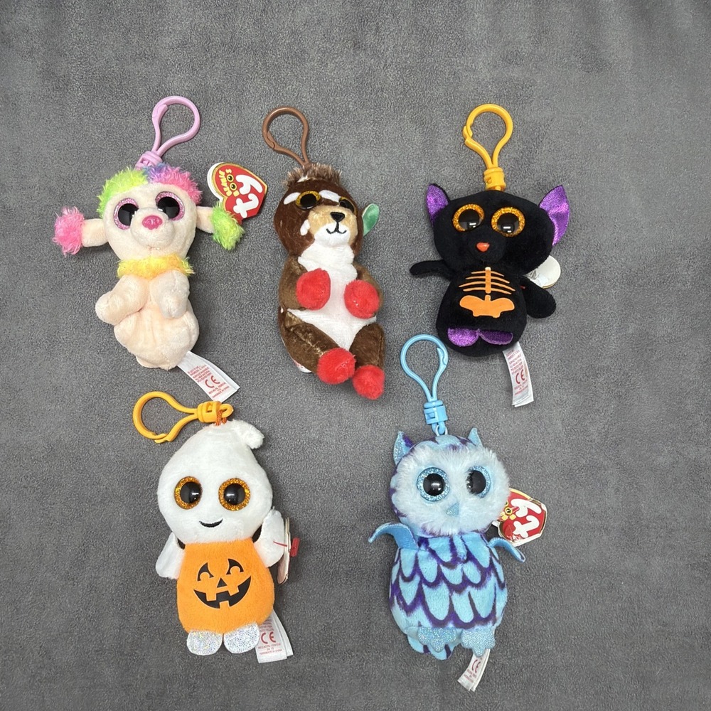 Beanie Boos Key Clips Lot Of 5 Fangs, Oscar, Rainbow, Juno & Pumpkie